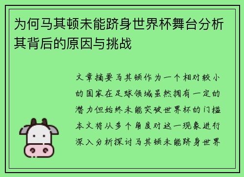 为何马其顿未能跻身世界杯舞台分析其背后的原因与挑战