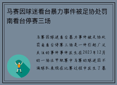 马赛因球迷看台暴力事件被足协处罚南看台停赛三场